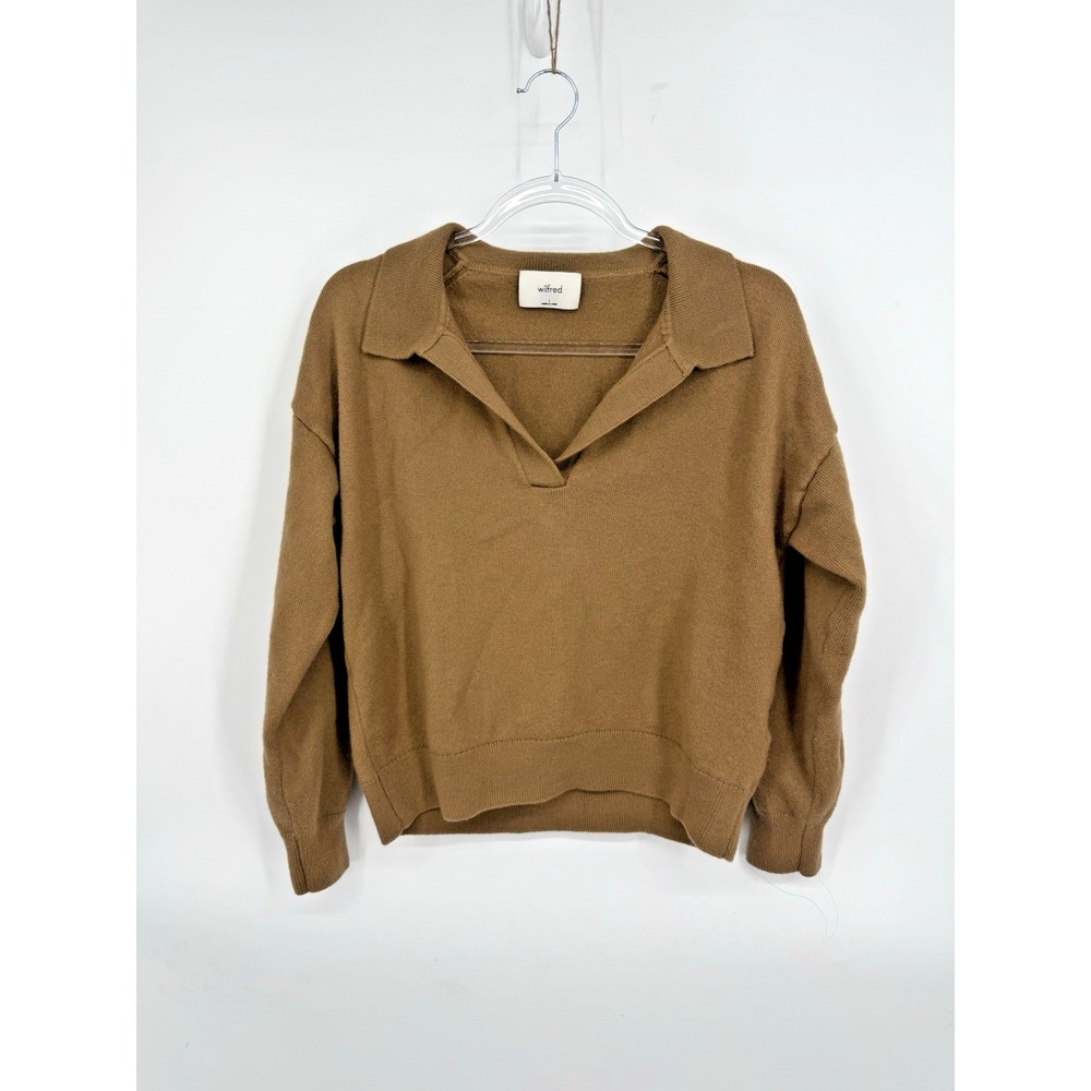 Wilfred Aritzia Clara Merino Wool Crop Waist Sweater Camel Size L Quiet Luxury